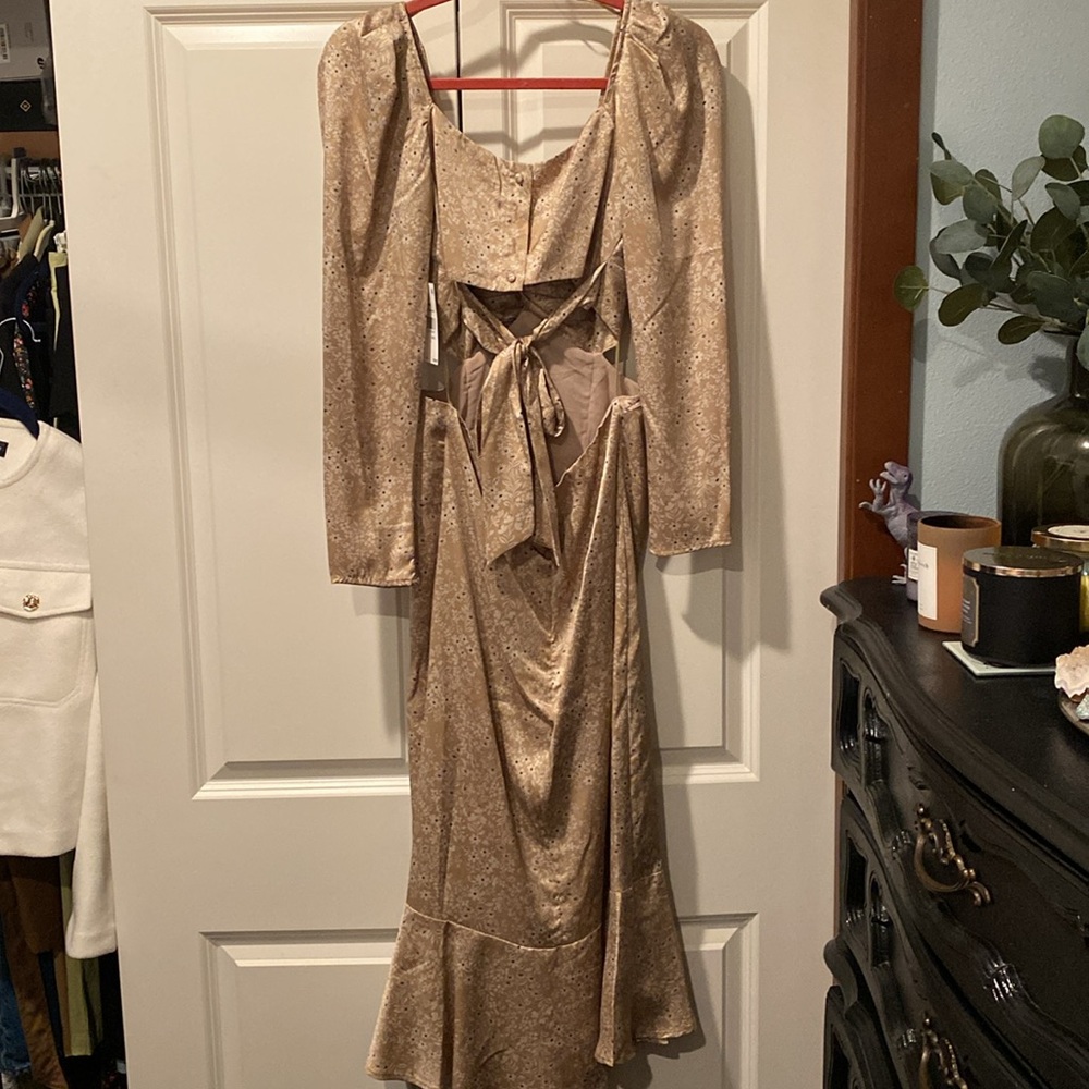 NWT Astr The Label Lainie Long Sleeve Dress. Tie Back. Silky. Size Small. Taupe. - Picture 8 of 11